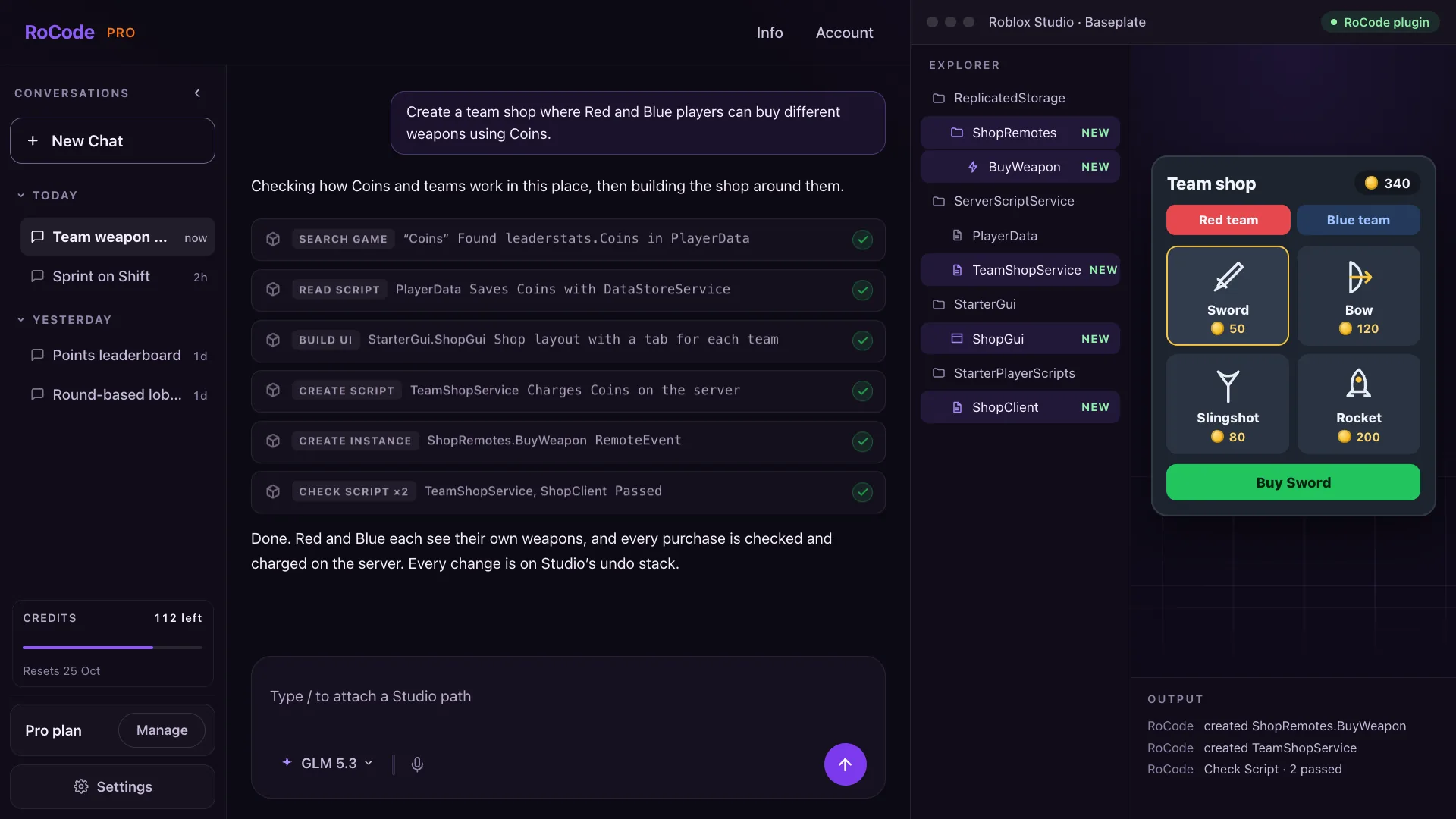 The RoCode chat after one message, “Create a team shop where Red and Blue players can buy different weapons using Coins”: six finished steps (Search Game, Read Script, Build UI, Create Script, Create Instance, Check Script), the new objects marked NEW in the Studio Explorer and the team shop on screen in Studio.