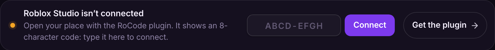 The chat’s pairing card: Roblox Studio isn’t connected, a code box showing ABCD-EFGH and a Connect button.