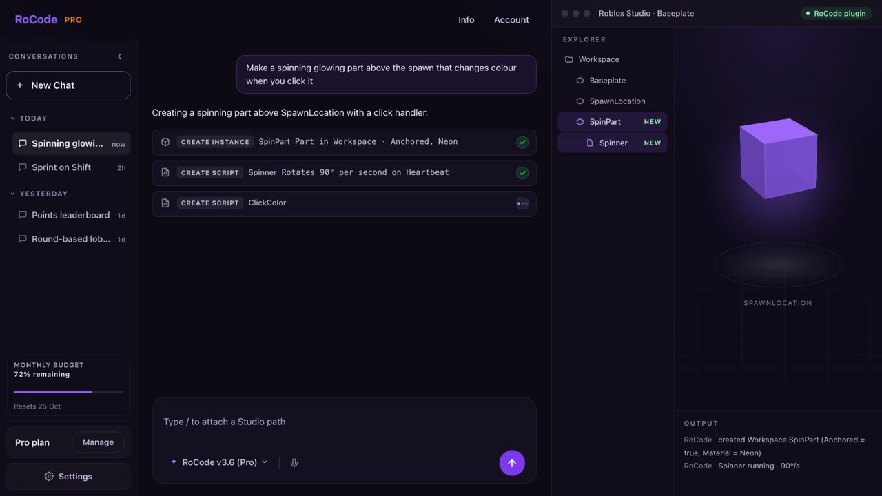 Three finished tool cards in the chat: Create Instance SpinPart, Create Script Spinner, Create Script ClickColor. The new objects are highlighted in the Studio Explorer.