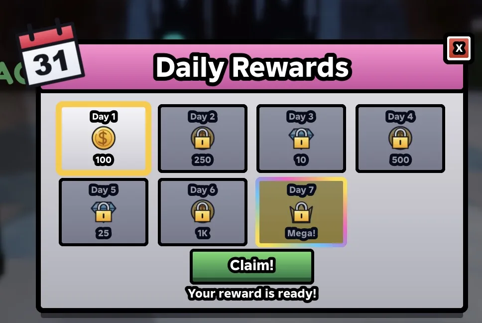 Screenshot dari playtest Roblox Studio: layar daily reward dalam tema Blocky.