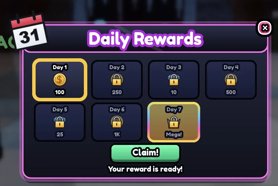 Screenshot from a Roblox Studio playtest: the daily rewards UI kit in the Neon theme.