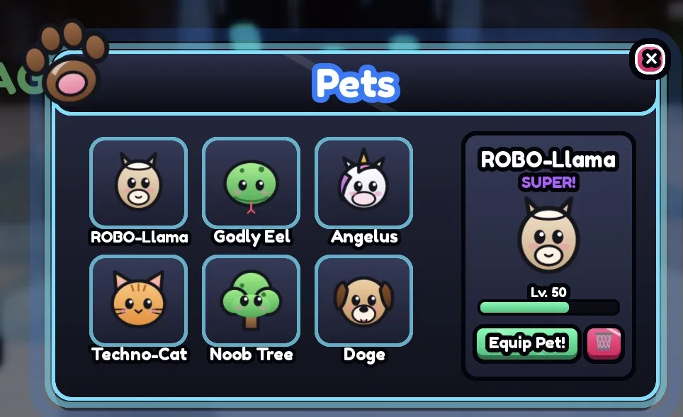 Screenshot dari playtest Roblox Studio: layar inventaris pet dalam tema Neon.