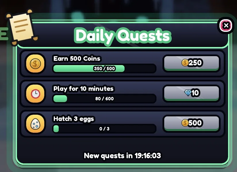 Screenshot from a Roblox Studio playtest: the daily quests UI kit in the Neon theme.