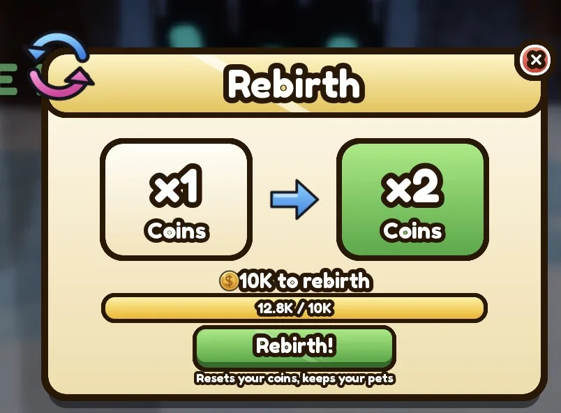 Screenshot dari playtest Roblox Studio: layar rebirth dalam tema Gold.