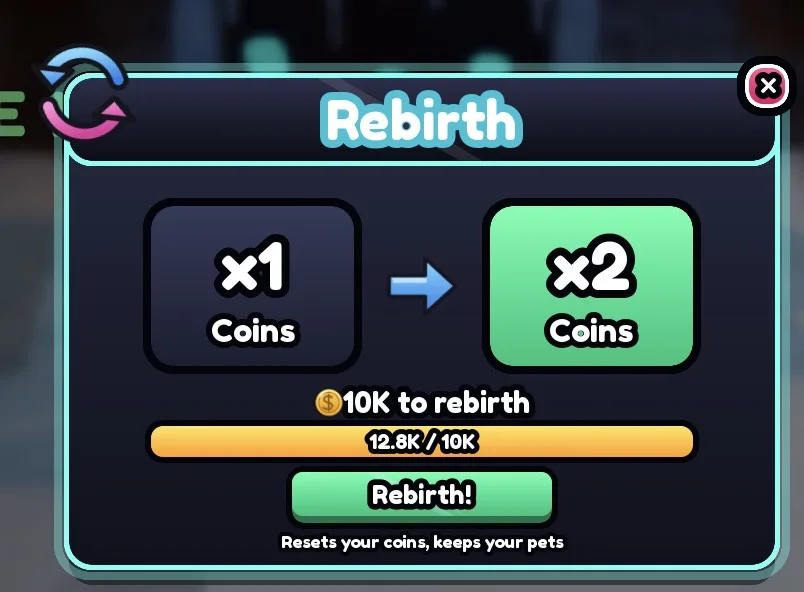 Screenshot from a Roblox Studio playtest: the rebirth UI kit in the Neon theme.
