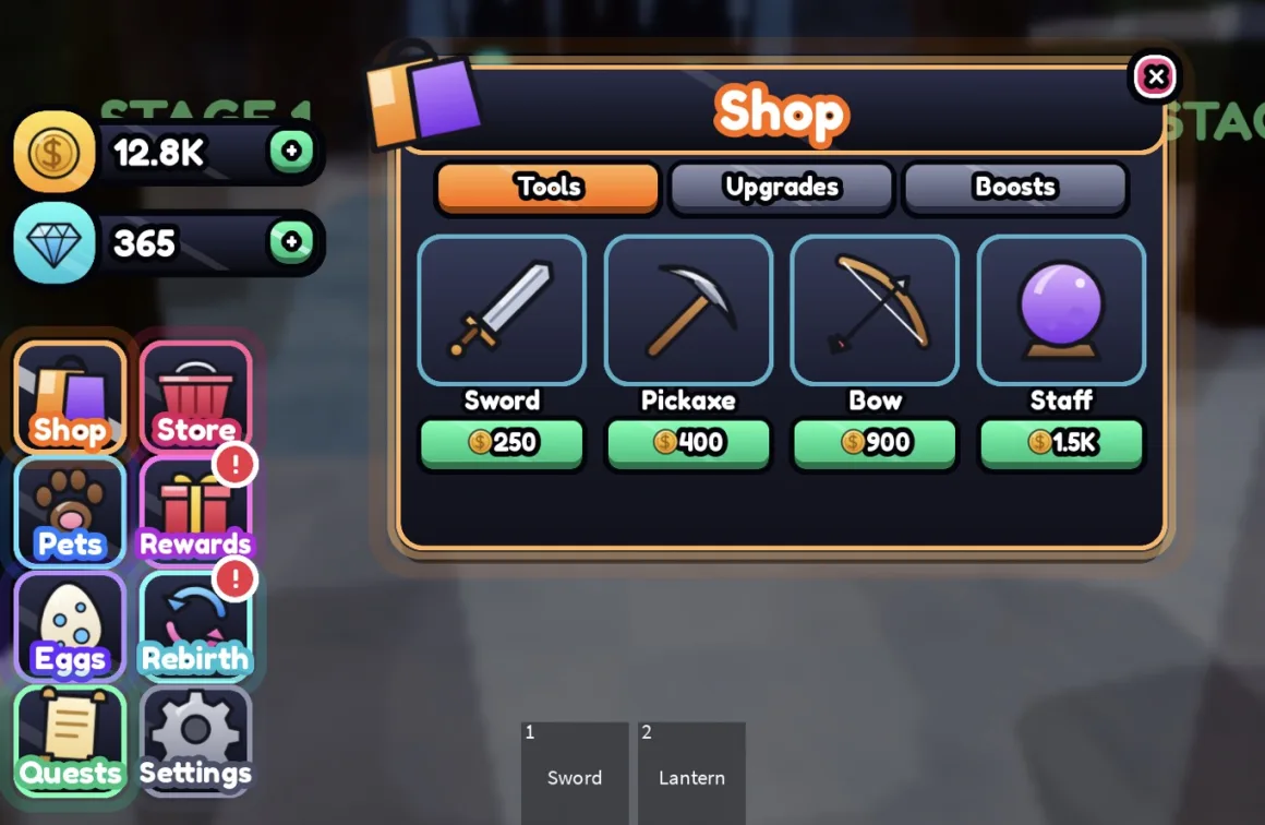 Playtest Roblox Studio dengan UI kit neon: penghitung Coins dan Gems, menu samping berisi tile layar, dan item shop yang terbuka di tab Tools.