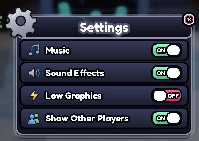 Screenshot from a Roblox Studio playtest: the settings UI kit in the Neon theme.