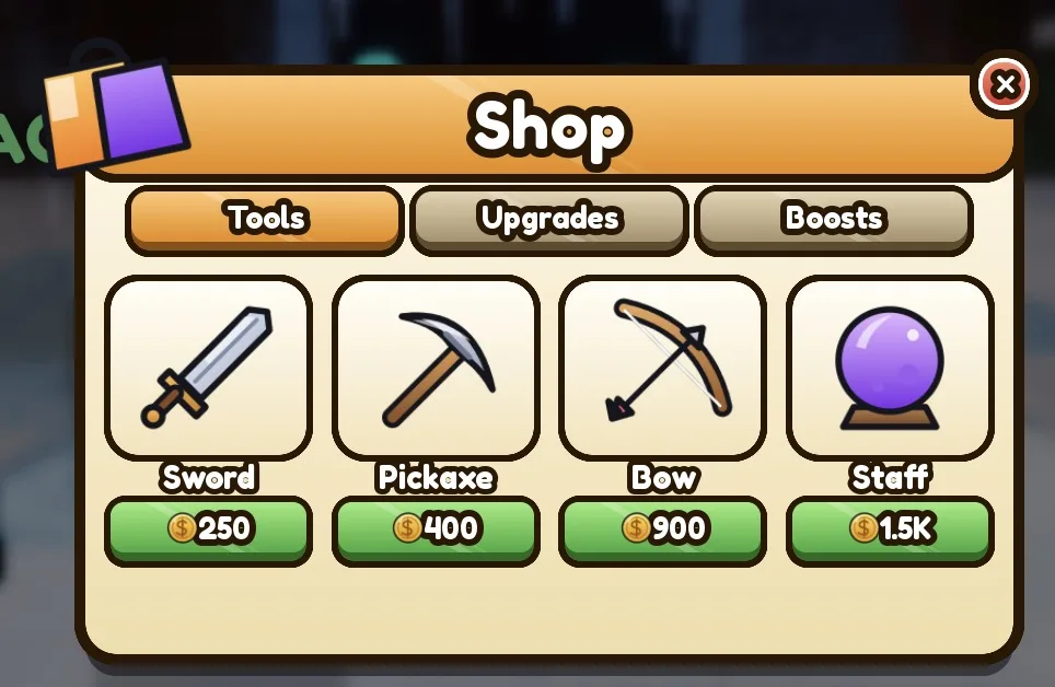 Screenshot from a Roblox Studio playtest: the item shop screen in the Gold theme.