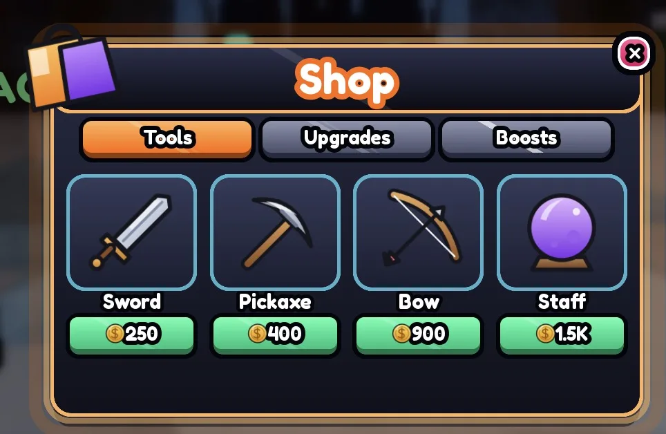 Screenshot from a Roblox Studio playtest: the item shop UI kit in the Neon theme.
