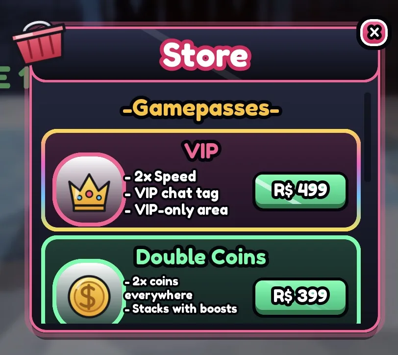 Screenshot from a Roblox Studio playtest: the store with game passes and codes UI kit in the Neon theme.