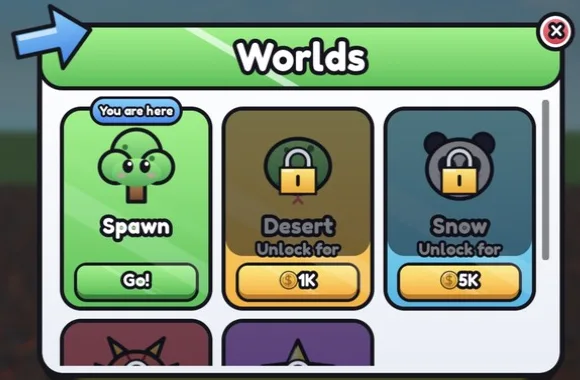 Screenshot from a Roblox Studio playtest: the world teleport screen in the Candy theme.