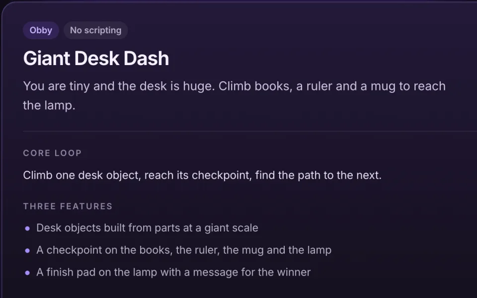 Screenshot of the game idea generator showing an obby idea, Giant Desk Dash, with its pitch, its core loop and three features.