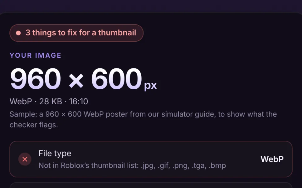 Screenshot of the thumbnail checker with a sample image: a 960 × 600 WebP gets 3 things to fix, starting with its file type, which is not in Roblox’s thumbnail list.